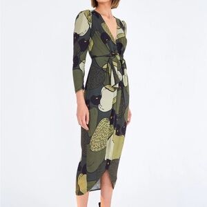 FARM RIO Military Cashew Midi Long Sleeve Wrap Dress Size Medium